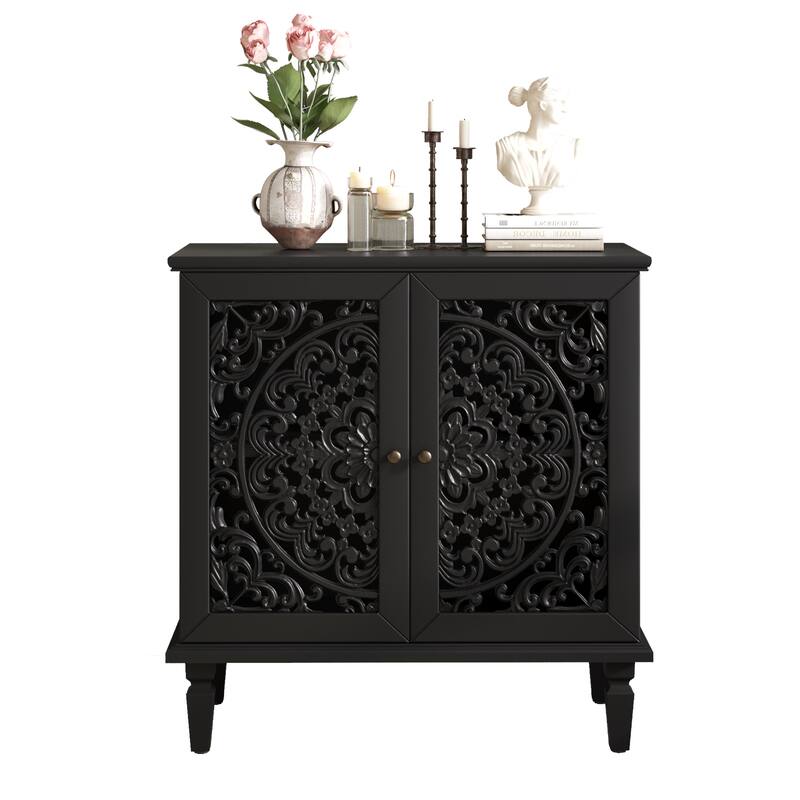 Roomfitters 2-Door Hollow-Carved Accent Cabinet, Symmetrical Floral Sideboard with Adjustable Shelf