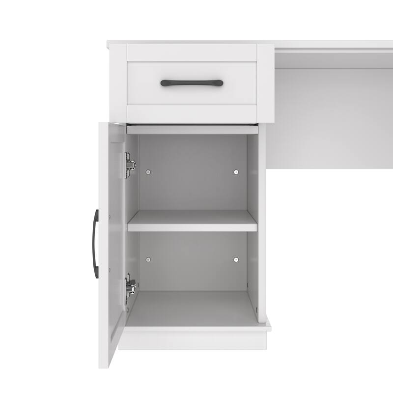 Roomfitters L-Shaped Computer Desk with Hutch, 2 Cabinets, 2 Drawers and 11 Open Shelves, with Power Outlet
