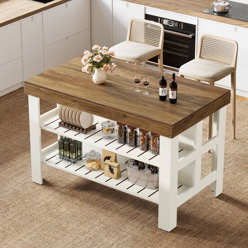 55.1-Inch Kitchen Island with Seating and Storage Shelves