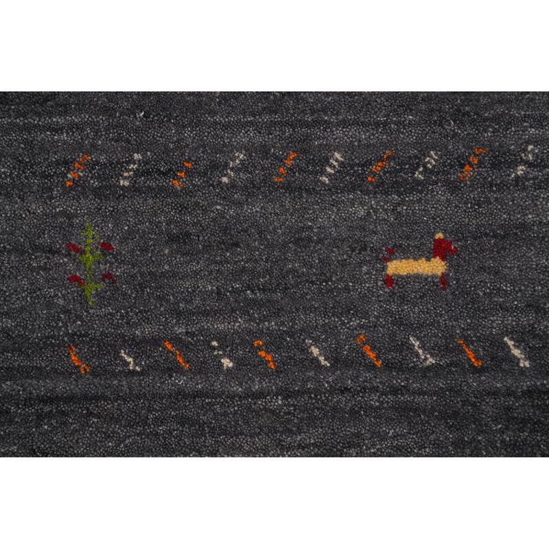 Hand Knotted Oriental 100% Wool Carpet Tribal Animal Pictorial Greys & Charcoal Gabbeh Runner Rug - 11' 10'' X 4' 1''