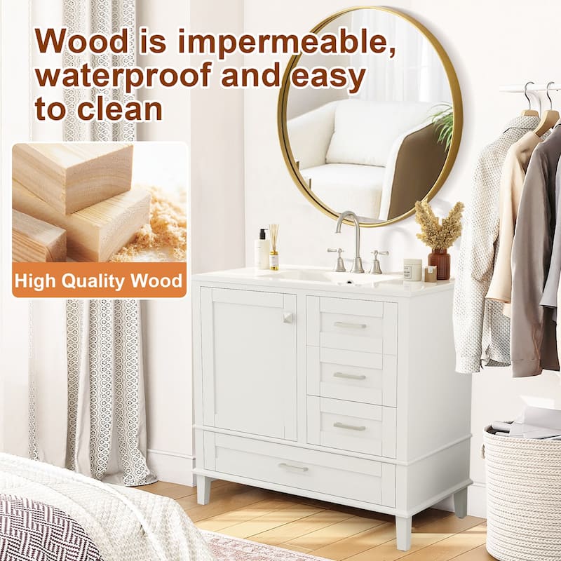 36" Bathroom Vanity with Ceramic Sink,Solid Pine Frame