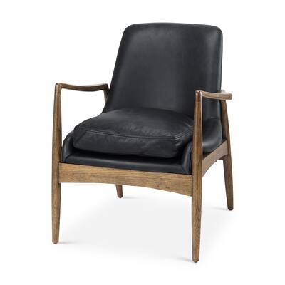 Westan Black Genuine Leather w/Medium Brown Solid Wood Accent Chair