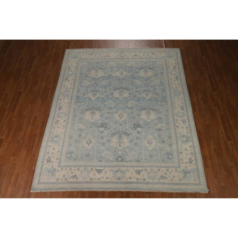 Transitional Blue Oushak Turkish Area Rug Hand-Knotted Wool Carpet - 8'0"x 9'10"