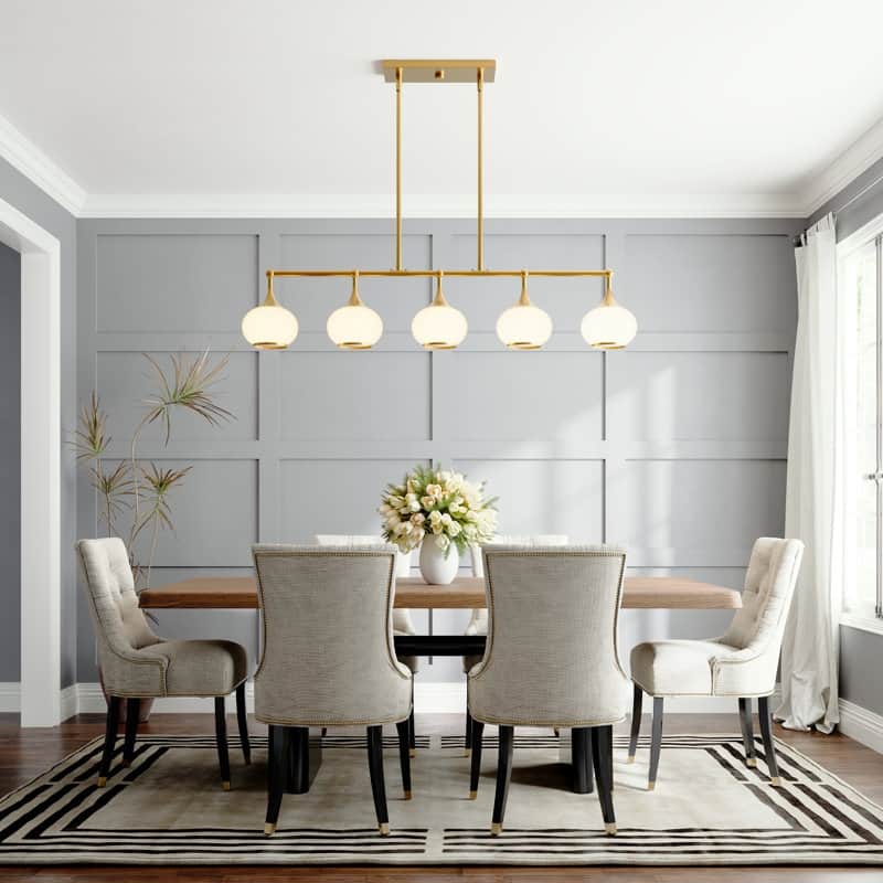 Acroma 5-light Modern Linear Chandelier with Opal Glass Globe Shade Kitchen Island Light