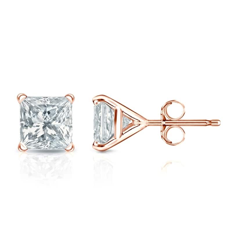 Auriya 14k Gold Lab Grown Princess Diamond Stud Earrings 0.50 to 5.00 ct. tw. 4-Prong Martini Push-Back (F-G VS) - Rose - 1.50 ct. tw.