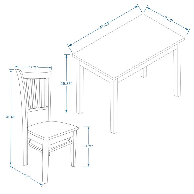 5-Piece Dining Set, 48" Rectangle Wood Table and Spindle Chairs