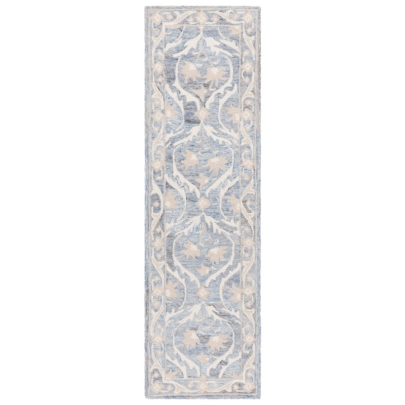 SAFAVIEH Handmade Blossom Luisete Ogee Wool Rug - 2'3" x 8' Runner - Blue/Ivory