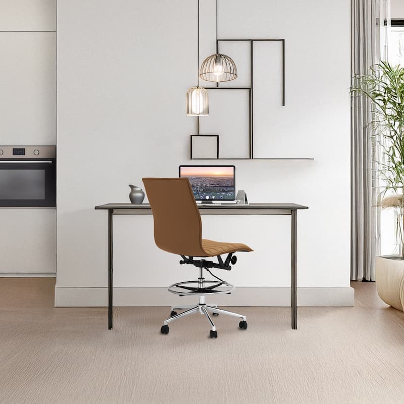 Modern Drafting Chair Upholstered PU Leather Ribbed Armless Mid Back with Tall Adjustable Base & Leg Rest