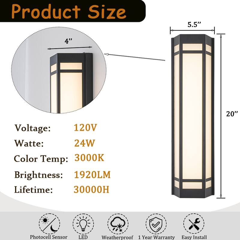 Modern Craftsman Style Exterior Wall Sconce with Frosted Acrylic Shade Outdoor Wall Light with Dusk to Dawn Sensor(2 Pack) - W6"