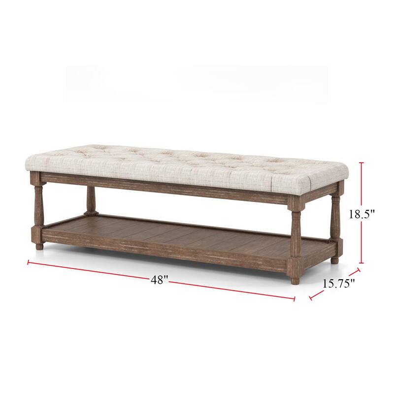 Linen and Wood Bench with Open Shelf