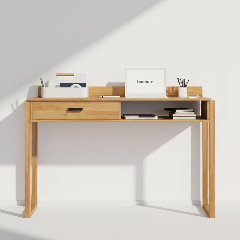 Modern Computer Desk with Drawer, Space-Saving, Shelf and Dual USB Charging Ports - Brown.