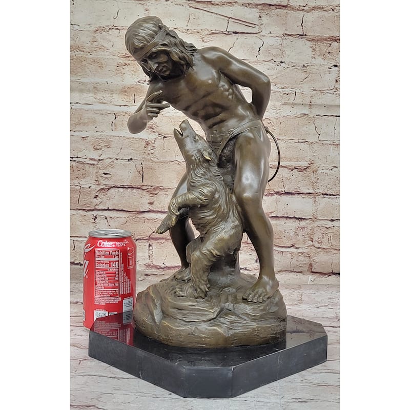 Native American Indian Shaman Taming A Bear - Bronze Sculpture Statue By P. Bartlett