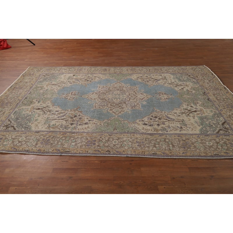 Hand Knotted Oriental 100% Wool Carpet Traditional Floral Navy Blue & Blues Tabriz Area Rug - 8' 11'' X 6' 7''