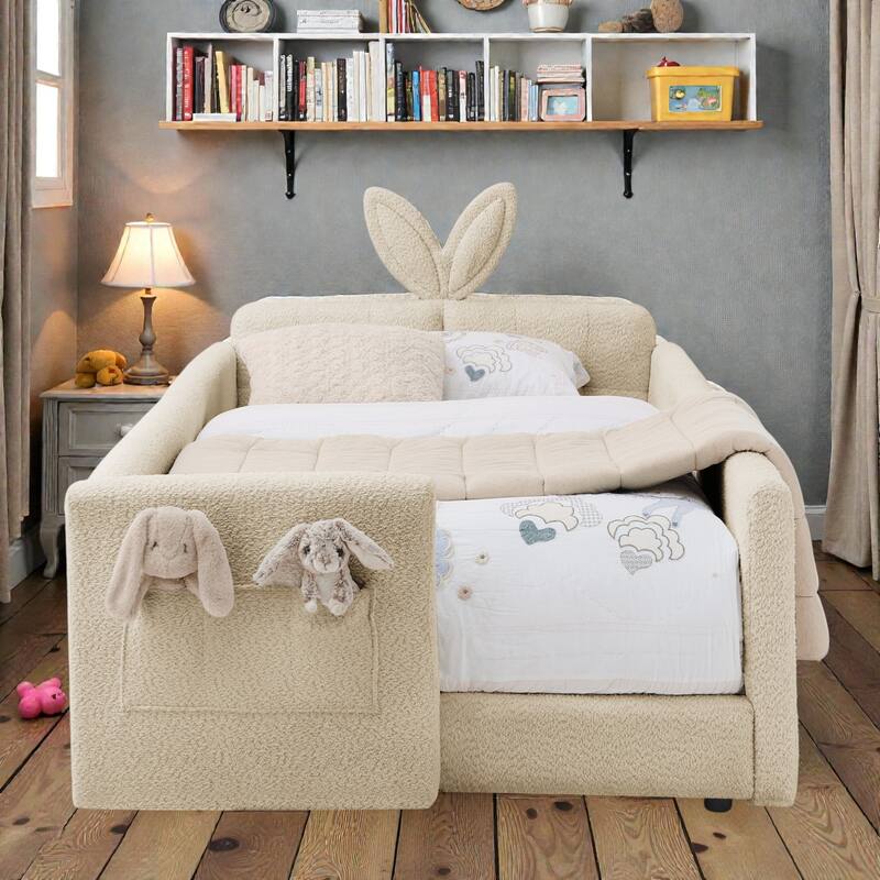 Twin Size Upholstered Platform Bed with Rabbit Ear Headboard, Kids Boucle Fabric Bed Frame with Safety Rail and Pocket