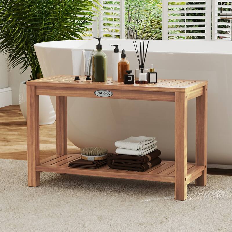 Gymax 30 Inch Teak Wood Shower Bench Inside Shower Stool w/ Storage