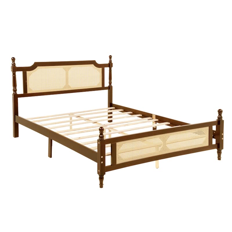 Low-profile Platform Bed with Rattan Headboard Footboard, Wood Slats and Central Enhanced Legs Support, No Box Spring Needed
