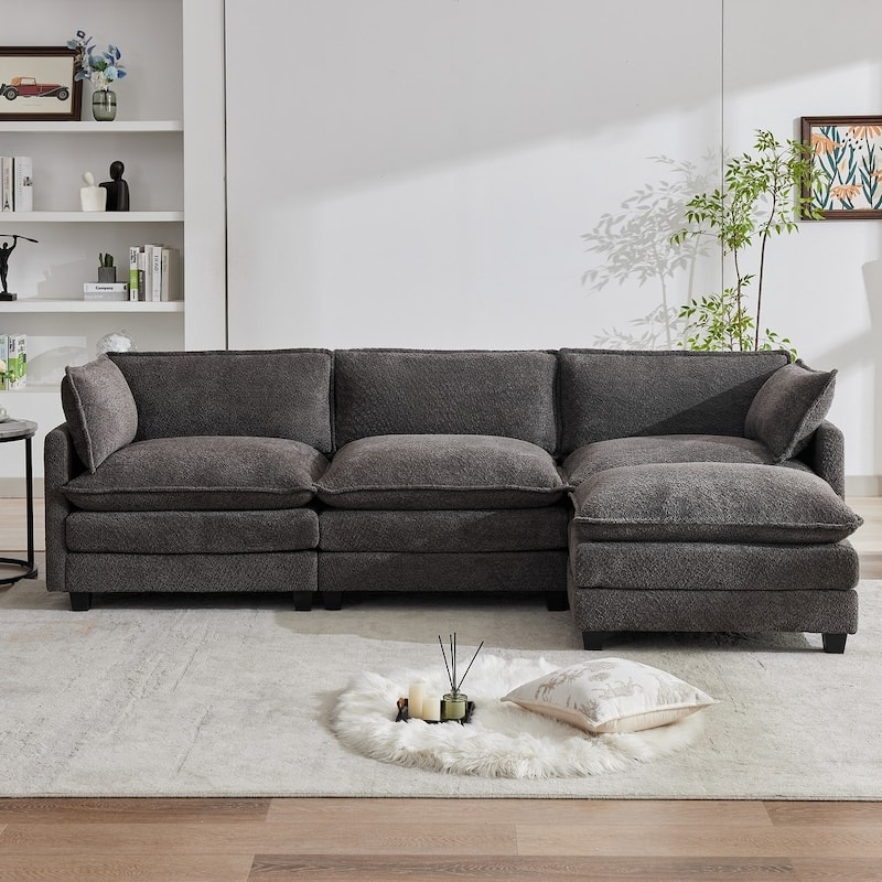 CLICKBIN Chenille Fabric Stragiht Arm L-Shaped Modular Sectional Sofa Couch with Ottoman for Living Room