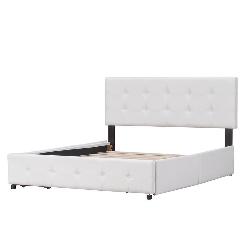 Queen Upholstered Bed Frame with 4 Drawers, Linen Fabric Platform Storage Bed with Classic Headboard and Wooden Slats Support