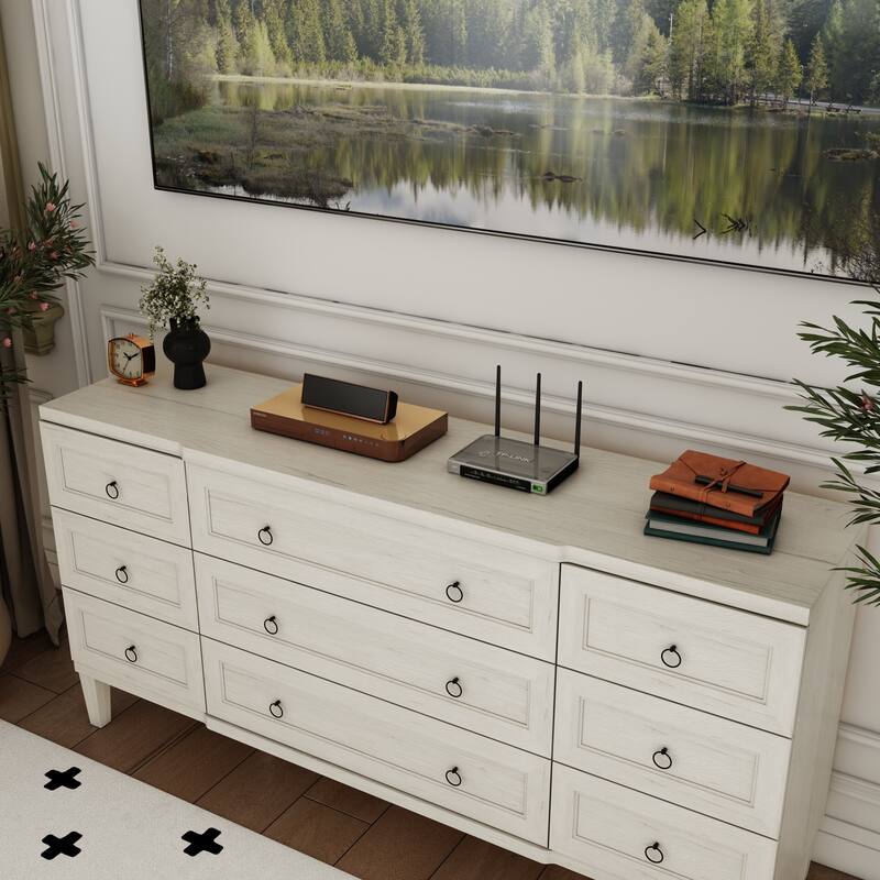 63.4" Wide 9 Drawer Dresser, Modern Light Wood Bedroom Dresser with Solid Legs for Storage