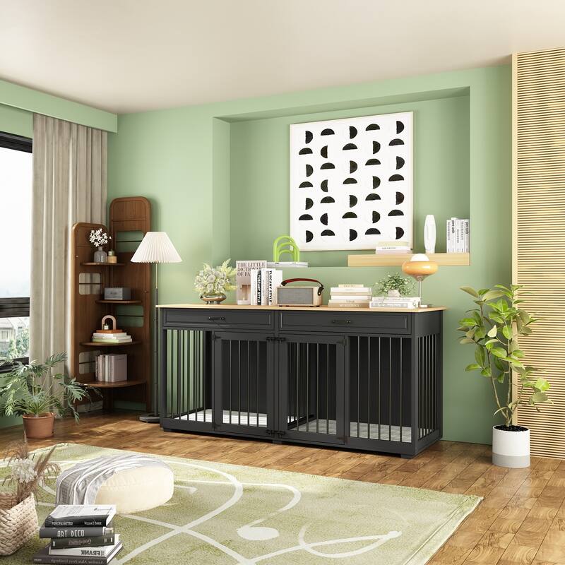 72.4 Inch Wooden Large Furniture Dog Crate with Drawers & Divider