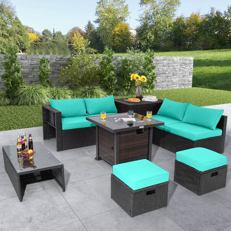 Costway 9 PCS Patio Furniture Set with 32" Fire Pit Table 50,000 BTU - See Details - Turquoise
