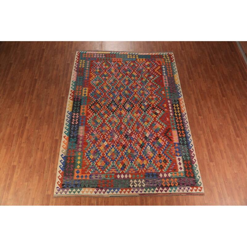 Geometric Kilim Reversible Area Rug Flatweave Multi-Color Wool Carpet - 8'2"x 11'4"