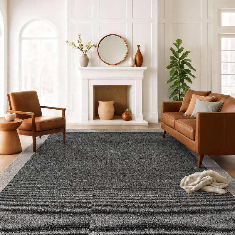 Modern Geometric Stripe Bordered Area Rug for Living Room, Bedroom, or Entryway - Low Pile Indoor Rug - Black - 7' 10" x 10'