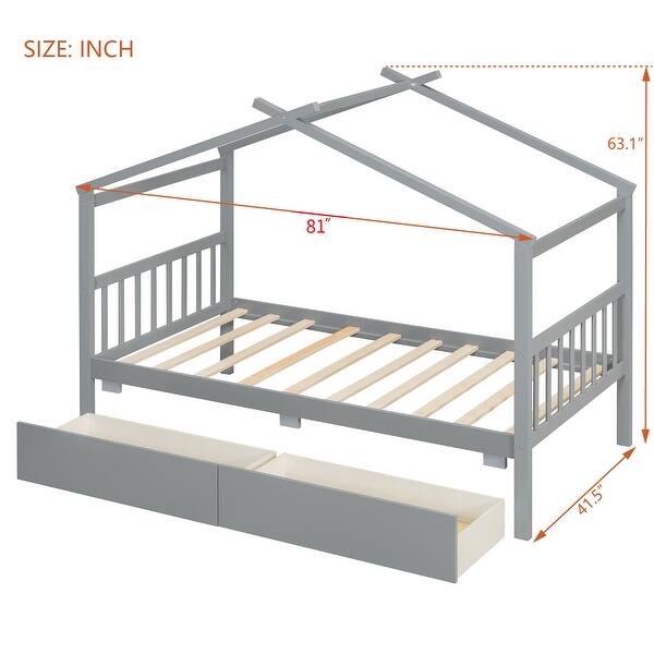 dimension image slide 0 of 3, Creativity House Bed Twin Size Frame with 2 Wood Drawers for Boys Girls, Wood Platform Bed with Roof No Box Spring Needed