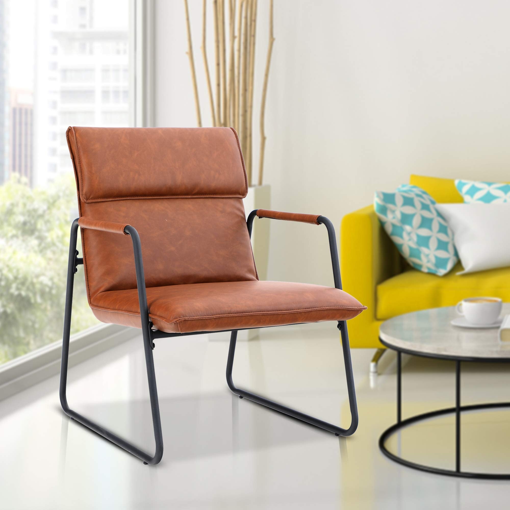 Phi Villa Thick Padded Leather Accent Chair Oversized Mid Century Modern Metal Frame Arm Chair Brown Overstock 32321776