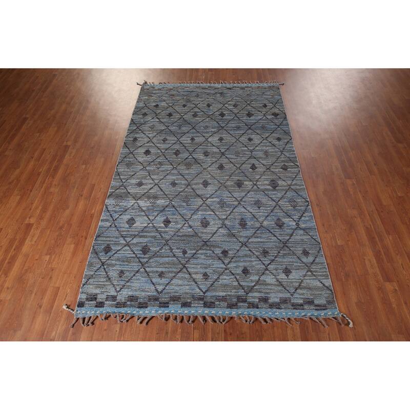 Blue Trellis Moroccan Area Rug Handmade Wool Carpet - 6'0"x 9'8"