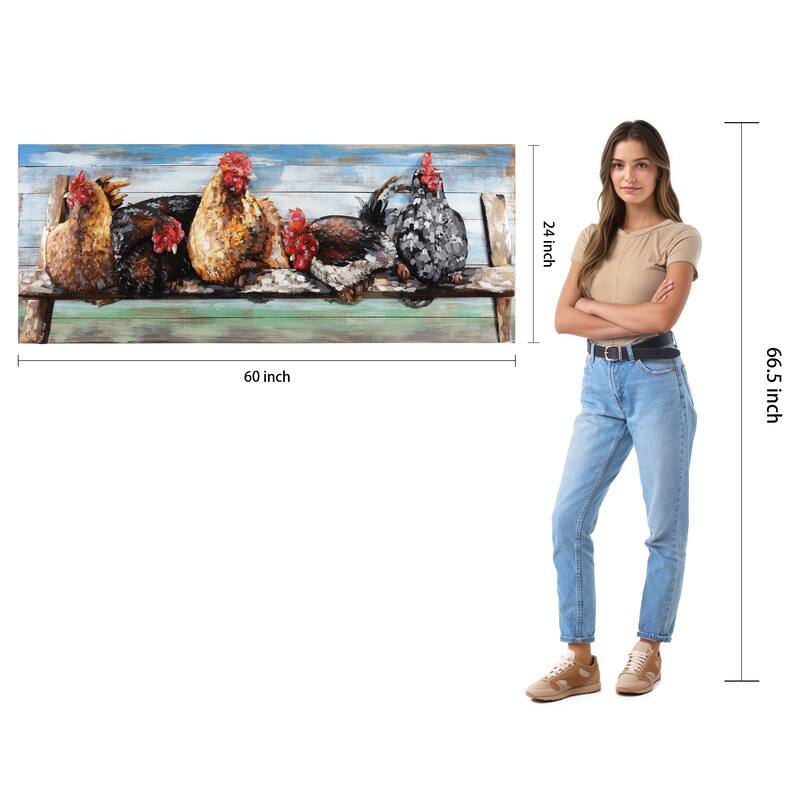 "Chickens" Handed Painted Iron Wall Sculpture on Slatted Solid Wood Wall Art