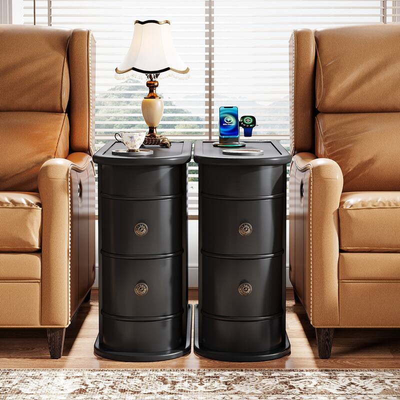 Wood End Table, Narrow Side Table Solid Side Table - 2 PCS - 2 Drawers-Black