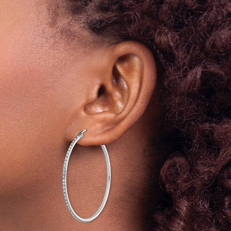 Curata Sterling Silver 47x1mm Diamond Accent Round Hinged Hoop Earrings