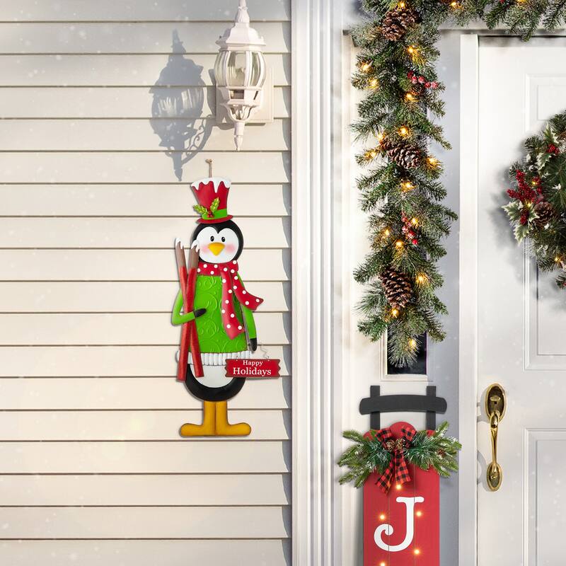 Glitzhome 36"H Christmas Metal Penguin Nutcracker Yardstake Standing Sign Wall Decor