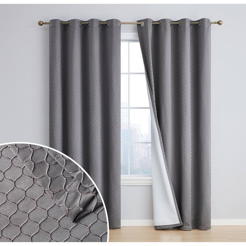 HLC.me Sienna Pattern 100% Complete Blackout Thermal Insulated Double Layer Window Curtain Grommet Panels, Set of 2 - 50 W x 96 L per panel - Set of 2 - Charcoal Grey