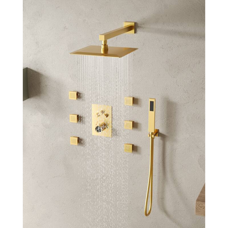 Thermostatic Shower System 12" Rain Shower Head with High Pressure Handheld Spray