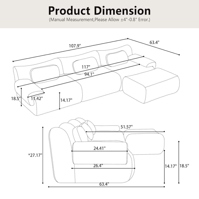 Modular Chenille Sofa Set with Armchair, Extra Large Deep Seat 3 Seater Compression Couch with Pillows