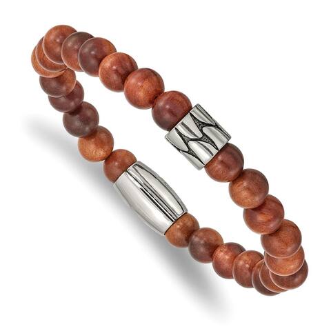 Chisel Stainless Steel Antiqued and Polished Indonesian Red Wood Stretch Bracelet