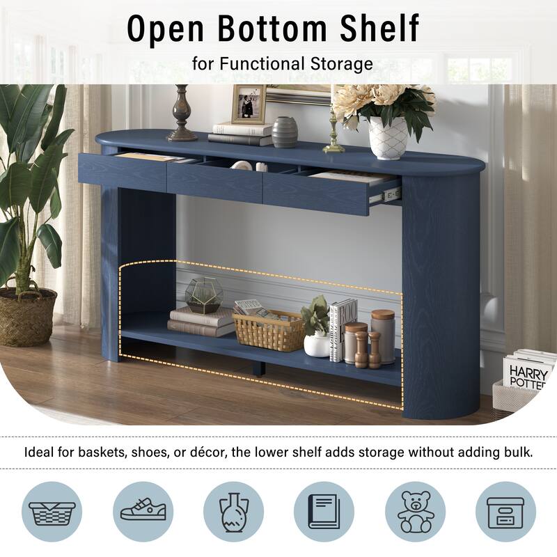 59.8"Modern Veneer Console Table with 3 Drawers,Farmhouse Entryway Table with Shelf,Wood Sofa Table with Semi-Circular Design