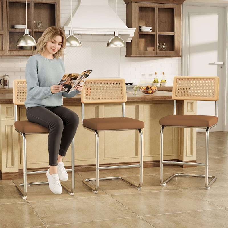 Set of 3 Counter Height Bar Stools with Woven Rattan Back and Footrest for Kitchen Island - 26" H