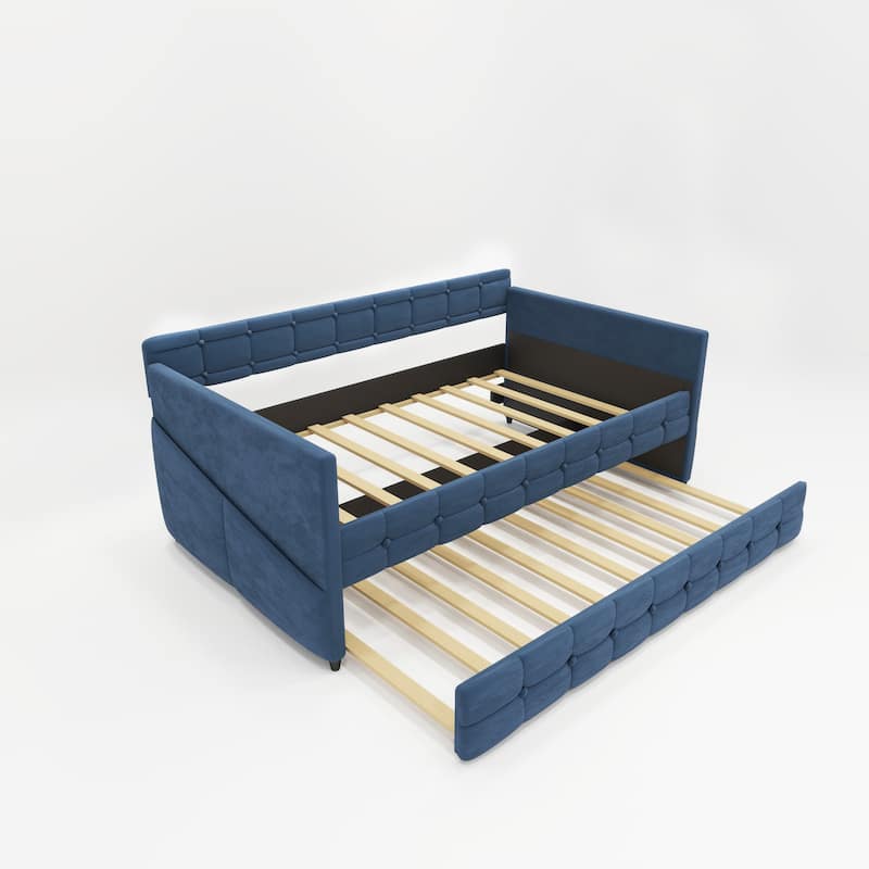 Daybed with Trundle, Velvet Upholstered Twin Size Day Bed Pull-Point Sofa Daybed Frame w/Twin Trundle, No Box Spring Needed,Blue