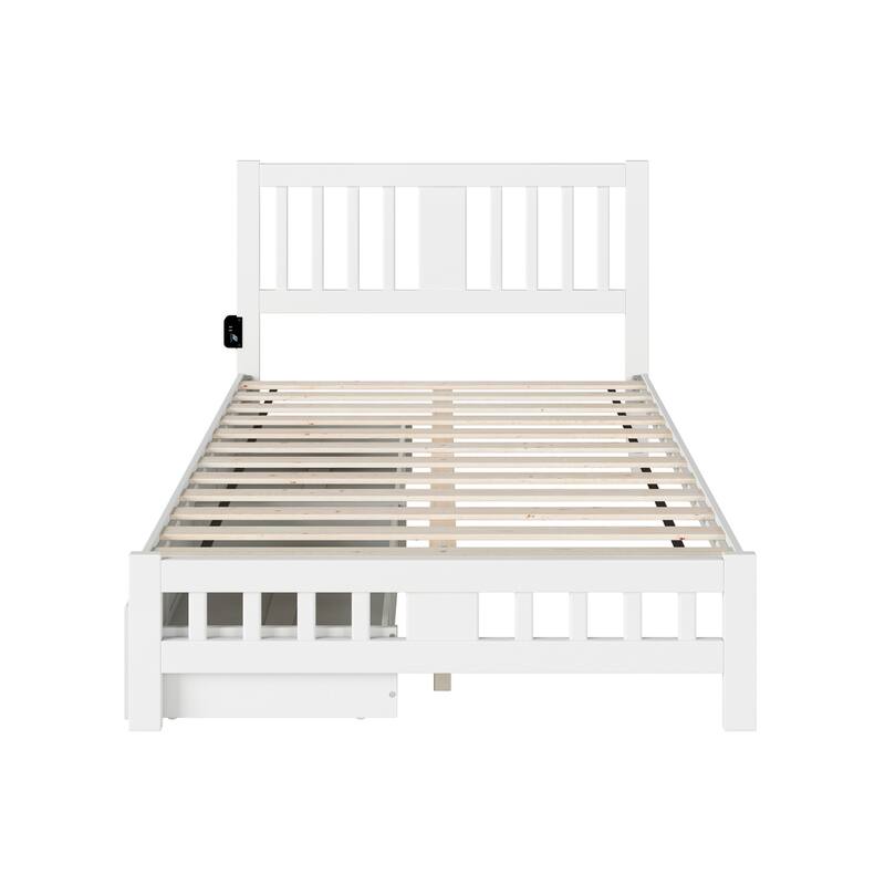 Full Bed with Drawers - White Platform Bed Frame, Solid Wood Bed, Modern Bedroom Furniture