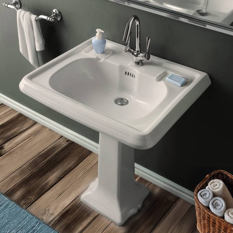 29" Traditional Pedestal Sink with Large Rectangular Bowl, Dual Soap Ledges, Overflow Control Rim and Overflow - 29" - 1 Hole