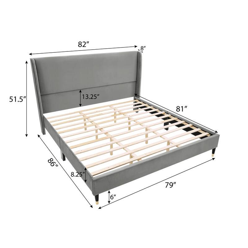 Luxury Gray Velvet Wingback Platform Bed with Cone Legs, King Size