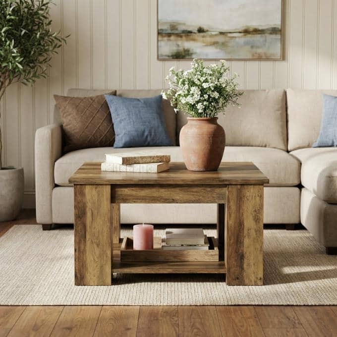 31.49" Square Coffee Table, Wooden Center Table with Storage