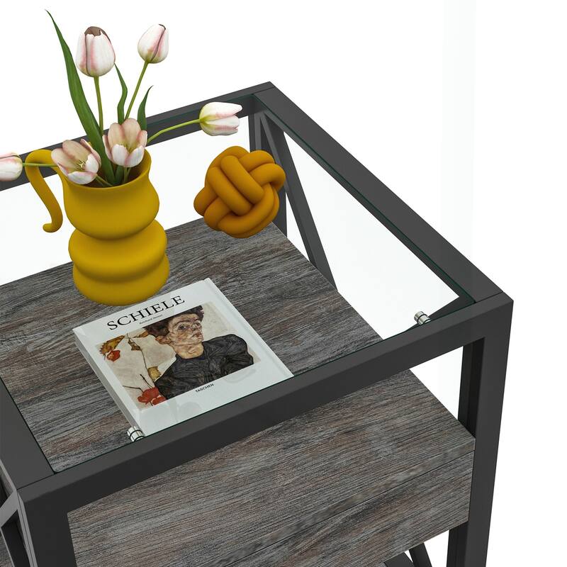 Stylish Industrial Side Table with Drawer and Tempered Glass Top for Versatile Use