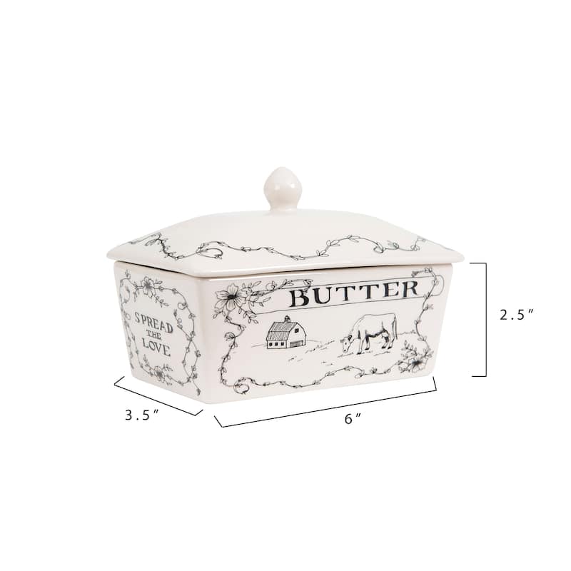 Country Style White & Black Stoneware Butter Dish with Lid