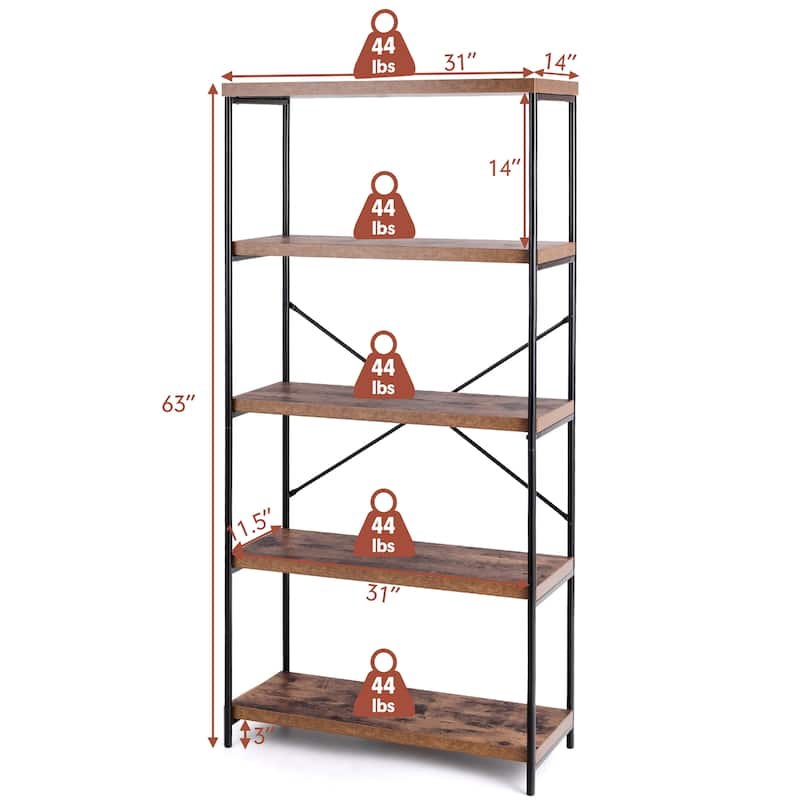 5 Tier Bookcase Industrial Wood Bookshelf Accent Display Rack