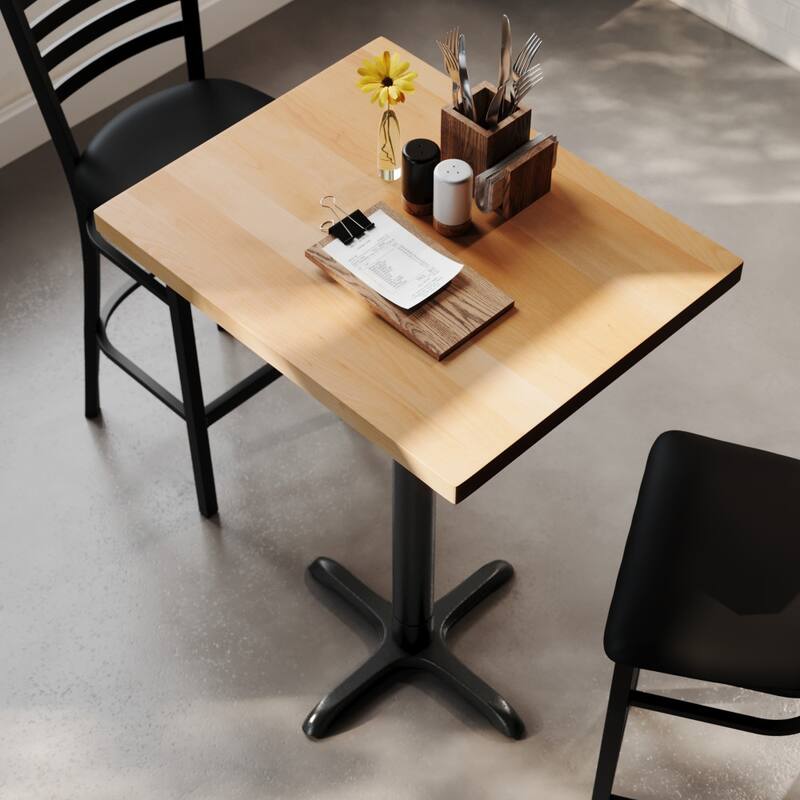 Rectangular Solid Wood Commercial Tabletop with 22" x 22" Bar Height X-Base