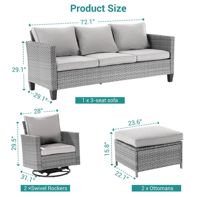 BONOSUKI 5-Piece Outdoor Brown/Gray PE Wicker Patio Conversation Sets, Swivel Rocking Sofa Set with Cushions and Ottomans